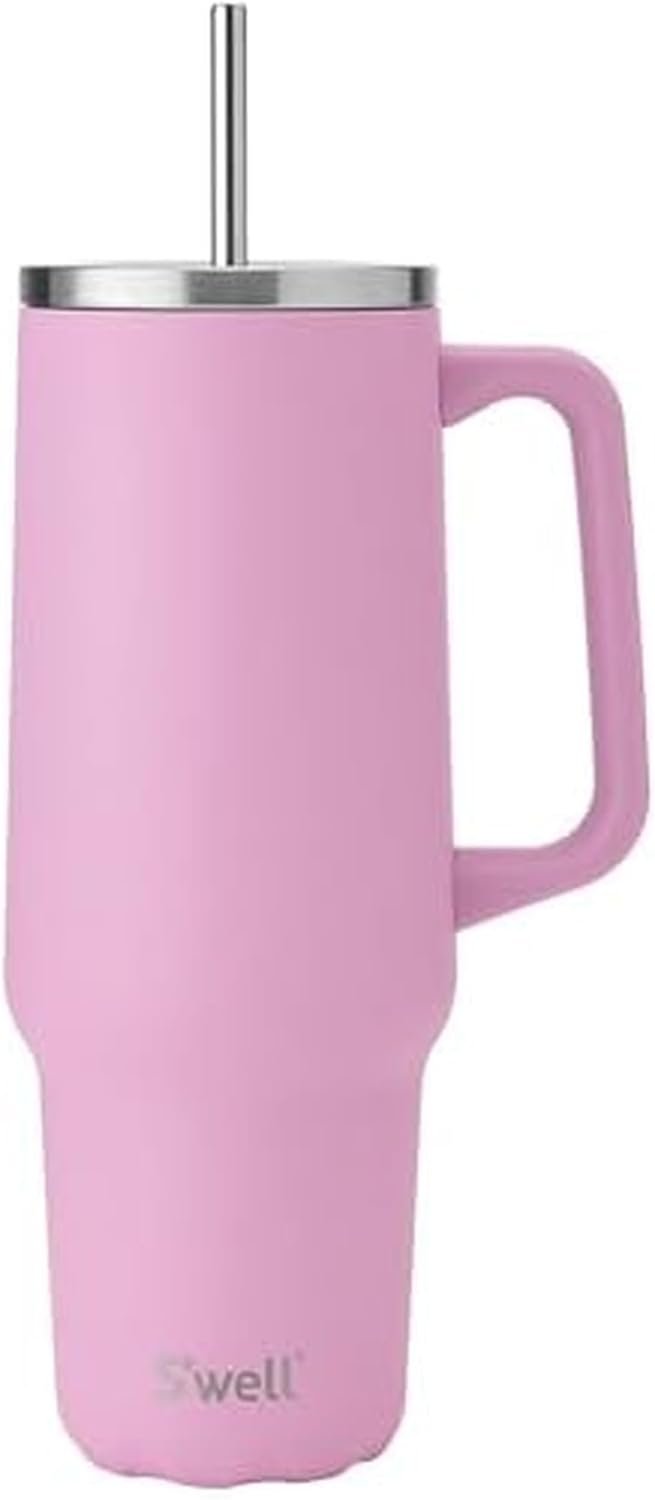 S’well Recycled Stainless Steel Tumbler XL with Straw and Handle, 40oz, Hydrangea Pink, Triple Layered Vacuum Insulated Containers Keeps Drinks Cold for 50 hours and Hot for 10