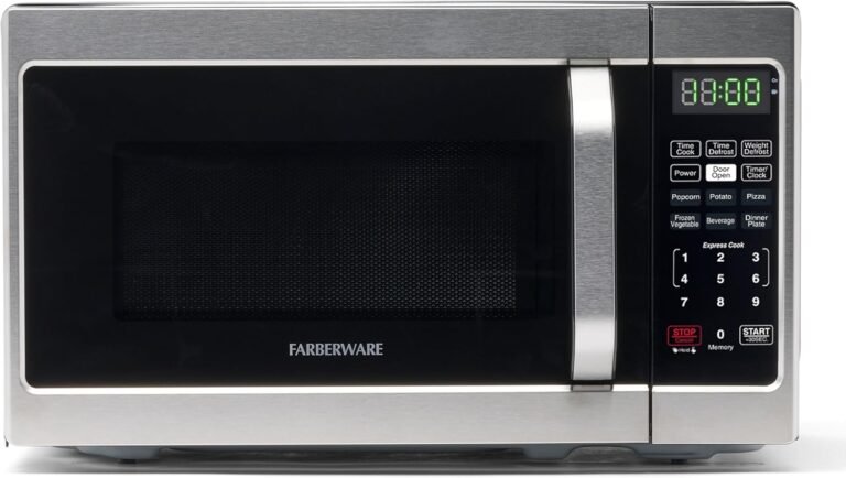 Farberware 0.7 Cu. Ft. Countertop Microwave Oven – 700 Watts Power, Auto Cook Settings, Defrost, Easy Clean and Child Safety Lock – Stainless